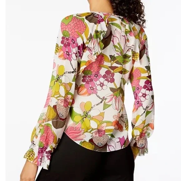 Trina Turk Blouse Magnolia Floral Silk Ruffle Tie Front Pink Green Women Small - Picture 6 of 6